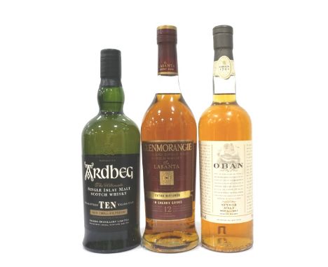 SELECTION OF MALT WHISKIESComprising: Ardbeg 10 Year Old Single Malt Scotch Whisky.  70cl.  46% abv.  Level mid-low neck.  In