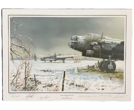 WW2 617 sqn Dambuster Tirpitz veterans multiple signed Prints Snowbound Lancaster by Robin Smith. Autographed by artist and R