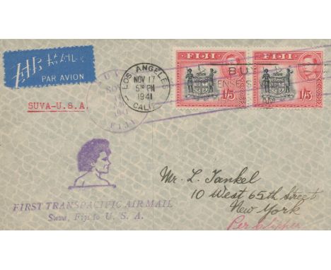 Aviation 1941 first flight Suva to USA Fiji Airmail cover, 2 x 1/5 red stamps cachets and Los Angeles CDS, Suva postmarks one
