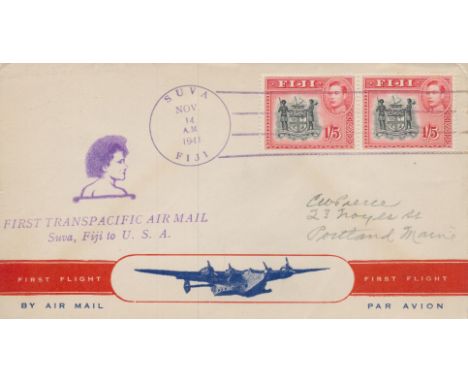 Aviation 1941 first flight Suva to USA Fiji illustrated Airmail cover, 2 x 1/5 red stamps cachets and San Pedro, Suva postmar