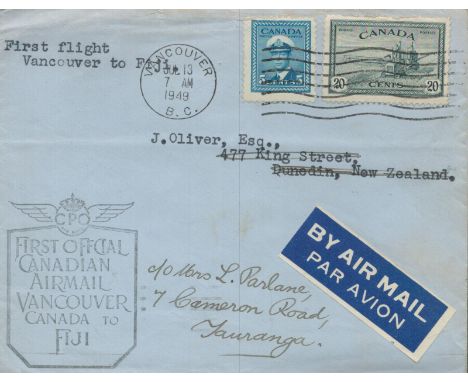 Aviation 1949 First flight cover Vancouver to Fiji with cachet, Vancouver CDS postmark and 2 on back Dunedin CDS houses farms