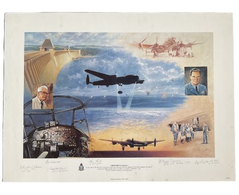 WW2 Dambuster raid veterans multiple signed print Operation Chastise by John Young. Signed by G Johnny Johnson, Les Munro, Gr