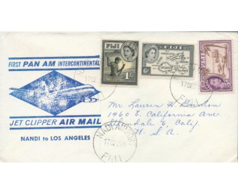 Aviation 1959 First Pan American flight cover Nandi to Los Angeles, 1/s, 6d,3d Fiji Stamps, postmarked front and back. Good C