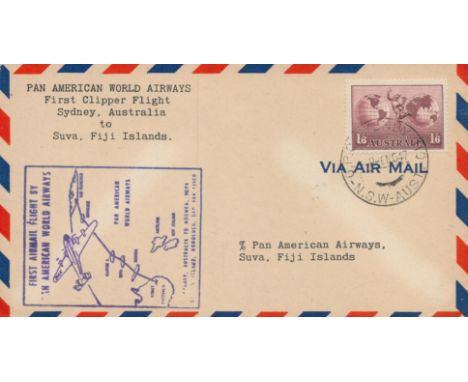 Aviation 1947 first flight cover Pan American clipper Sydney to Fiji, nice flight map cachet 1/6 Australian stamp and postmar