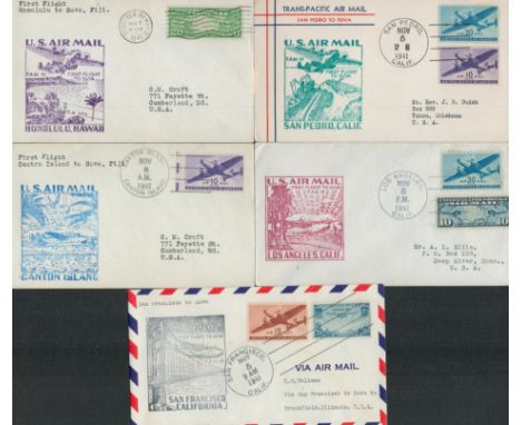 1941 US First Flight cover collection. Five covers Honolulu to Suva Fiji 7/11, San Franciso to Suva 5/1, Los Angeles to Suva 