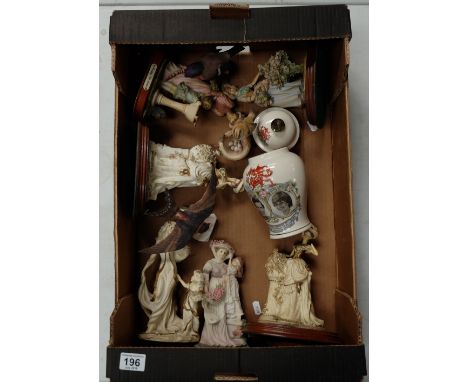 A mixed collection of items including unmarked resin figures together with Renaissance pottery bids and a Sadlers commemorati