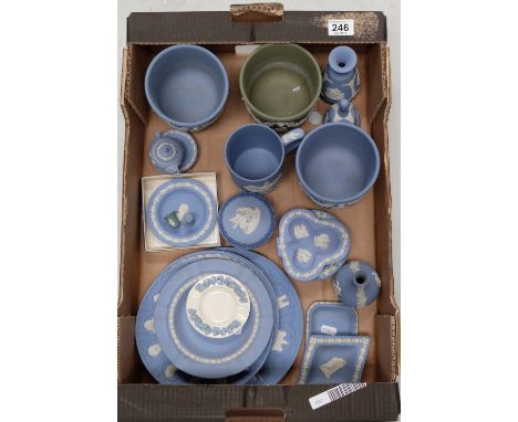 A  collection of Wedgwood jasperware items to include tri colour trinket box, sage green vase, together with blue vases, plat