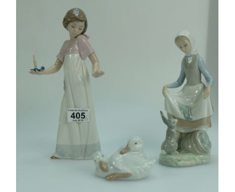 Lladro figure of Girl iwth Bunnies, Nao figure of Girl with Candle and similar figure of ducks (3)