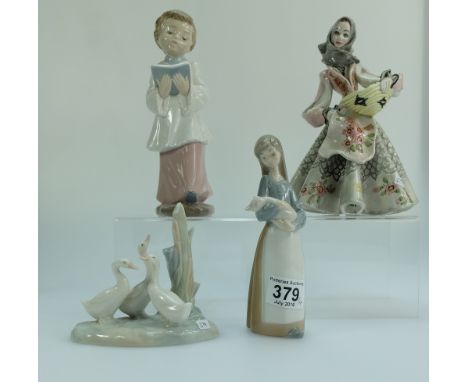 Nao Choir Boy (boxed), Girl with Piglet, Flock of Geese (boxed) together with ceramic figure of a Spanish Lady signed S Mola 