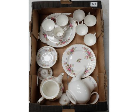 A collection of Royal Albert Moss Rose & Mayfair tea ware to include cups, tea and coffee pots, saucers, side plates etc (21)