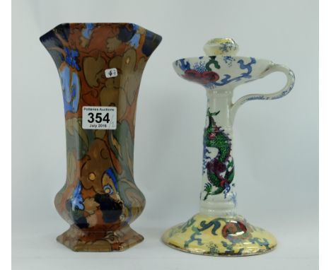 Bursley ware large hexagonal footed vase in Amstel design and Bursley ware dragon lustre tall candlestick, both designed by F