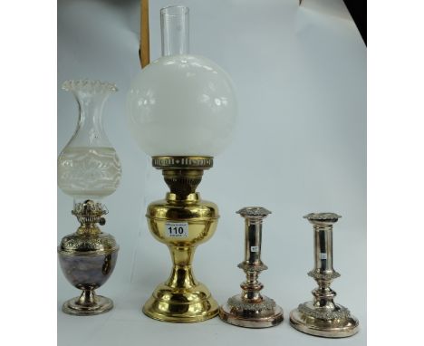 Pair of silver plated candlesticks together with similar gas lamp and another (4)