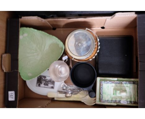 A mixed collection of items including Carltonware Cabbage pattern salad bowl, Arthur Woods lidded art deco box, carved oak bi
