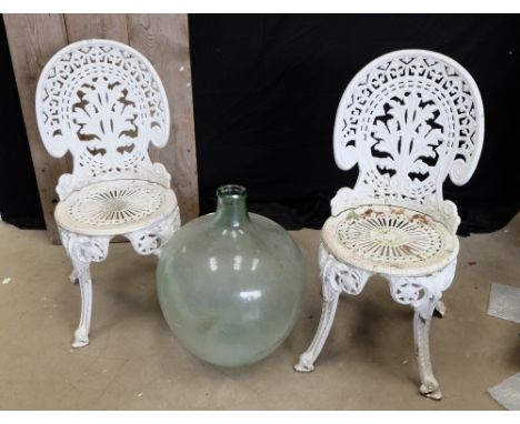 Two alloy garden chairs together with large bulbous glass vase (3) 