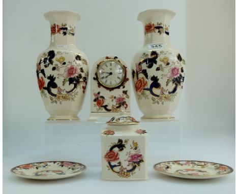 A collection of Masons Mandalay items including vases, mantle clock (boxed), lidded jar and small plates (6)