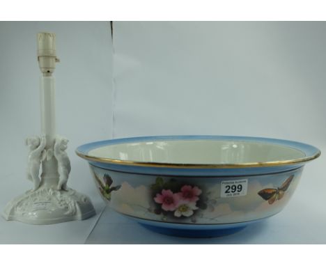 Very large Grimwades basin decorated with butterflies and flowers and Spode lamp base with Cherubs dancing (2)