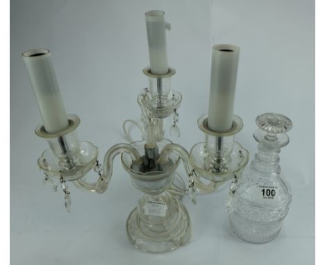Edwardian Glass lustre table lamp and similar cut glass decanter(2)