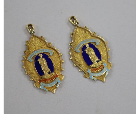 Two 18ct gold and enamel 'Blackpool Chamber of Trade' Presidents jewels, inscribed and dated 1941 and 1959, 30.4g gross