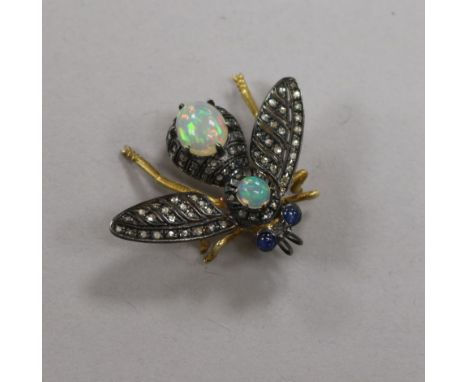 A Victorian style opal, and rose cut diamond set bug brooch with cabochon eyes, 30mm.