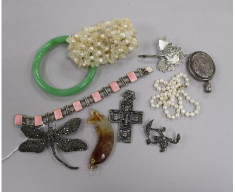 A Scandinavian silver and enamel bracelet, a late Victorian silver locket and other items of jewellery.