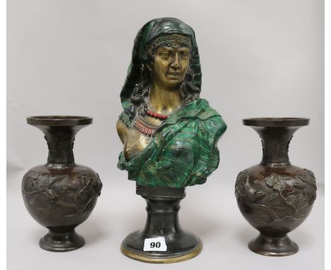 A pair of Japanese bronze vases and a bronze bust of a Nubian woman height 32cm