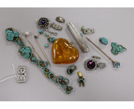 Mixed items, including a silver cased silver cigarette holder, assorted paste set clasps, three stick pins, amber pendant etc