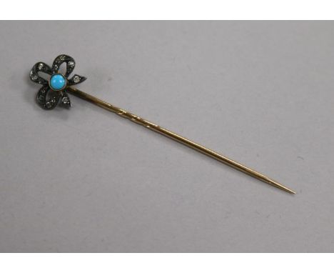 A Victorian rose-cut diamond and turquoise stick pin with tied-ribbon terminal