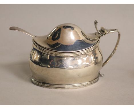 A George III silver oval mustard and a silver mustard ladle.