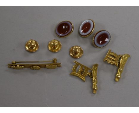 Three 15ct gold dress studs, three agate-set dress studs and two other items, including a pair of yellow metal scimitar cuffl