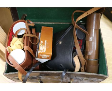 A Broadhurst Clarkson & Co Ltd telescope, two pairs of binoculars, a microscope etc.