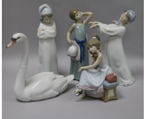 A Lladro figure, Chit-Chat, No. 5466 and four other figures, including 'Prissy', No. 5010, Little Sleepwalker, No. 6482, It's