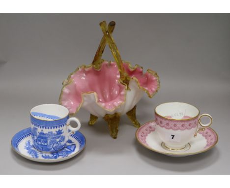 Two Royal Worcester Moustache cups and saucers and a Victorian glass basket basket height 26cm