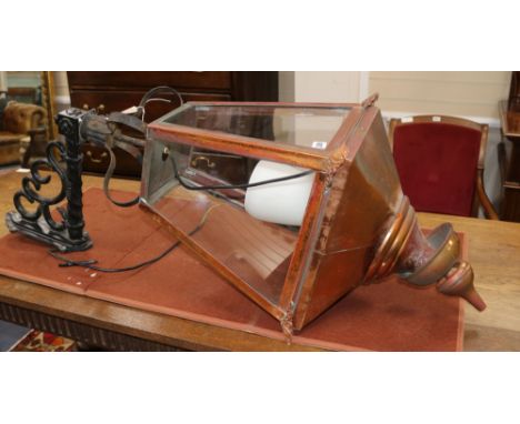 A copper street lamp and bracket overall length 118cm