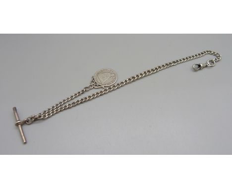 A silver Albert watch chain, Birmingham 1925, with 1877 US ¼ dollar coin fob, 28g, 26cm to the T-bar 