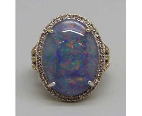 A silver gilt mosaic opal and white stone ring, P, stone approximately 14mm x 19mm 