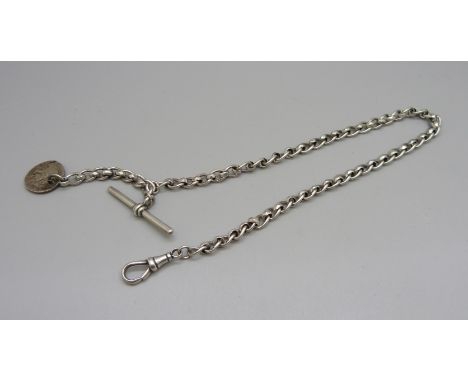 A silver Albert watch chain and coin fob, Birmingham 1896, 27g, 32cm to the T-bar 