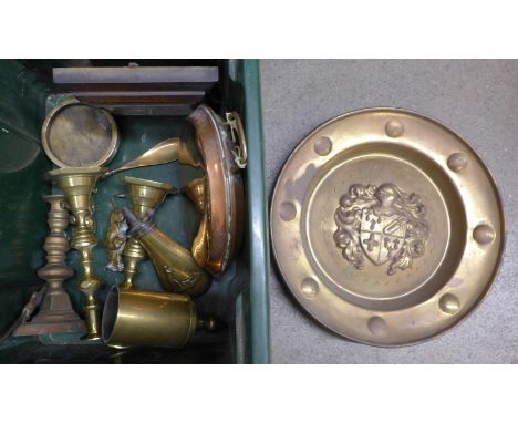 A box of brass and copper, shot flask, pair of embossed plates, etc. **PLEASE NOTE THIS LOT IS NOT ELIGIBLE FOR POSTING AND P