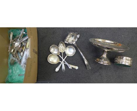 A collection of plated flatware, comport, punch ladle, etc. 