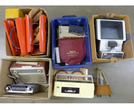 Four boxes of assorted items; tape reels, a metronome and a tape recorder **PLEASE NOTE THIS LOT IS NOT ELIGIBLE FOR POSTING 