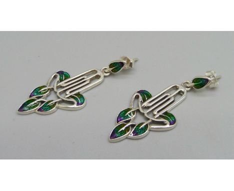 A pair of sterling silver and enamel Art Nouveau style earrings 