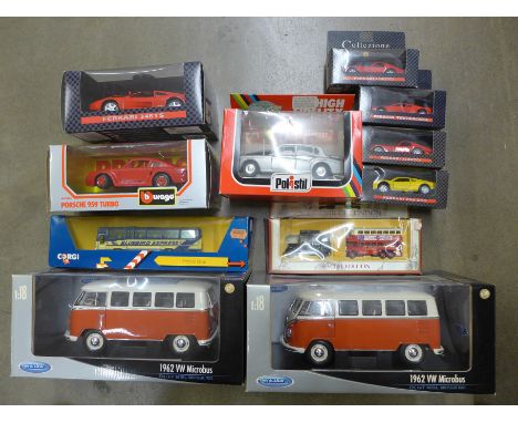 A collection of die-cast model vehicles including two 1:18 scale Welly 1962 VW Microbus, boxed**PLEASE NOTE THIS LOT IS NOT E