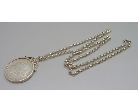 A silver chain with mounted 1889 US silver dollar, New Orleans mint, total weight 58g, chain 75cm 