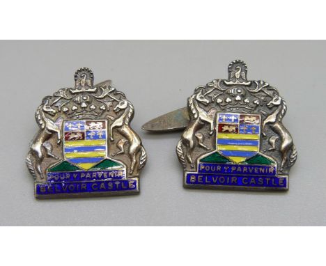 A pair of Belvoir Castle silver and enamel cufflinks with Duke of Rutland crest 