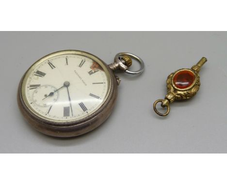 A Tavanne's pocket watch with broad arrow to the case back, dial a/f and an agate set watch key 