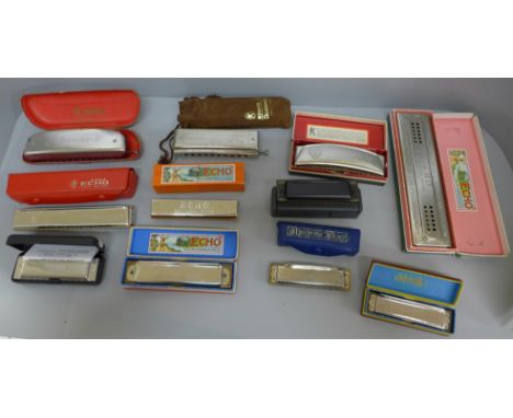 A collection of eleven Hohner harmonicas including The Echo Harp and Educator II 