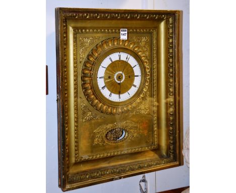 A 19th century French Empire wall clock, in a rectangular gilt moulded case, gilt dial with white enamel chapter ring and Rom