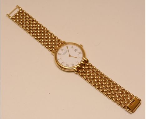 A Raymond Weil lady's wristwatch, the circular white enamel dial with date aperture and Roman numerals, on flexible gold plat
