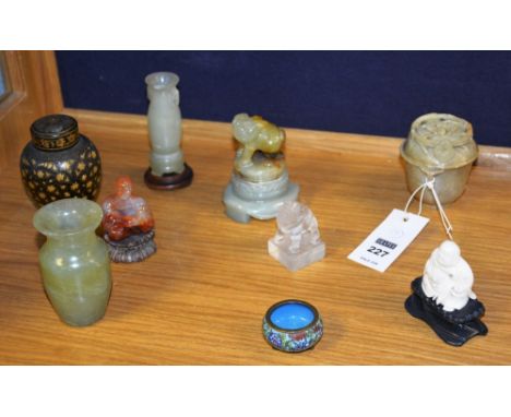 A quantity of small Oriental jade type figures and vases, together with a small ivory Buddha figure etc (9)