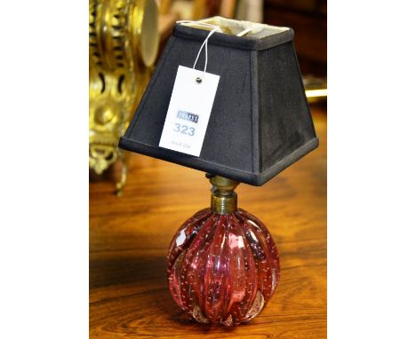 A Cranberry glass table lamp, with shade, lamp 19cm high
