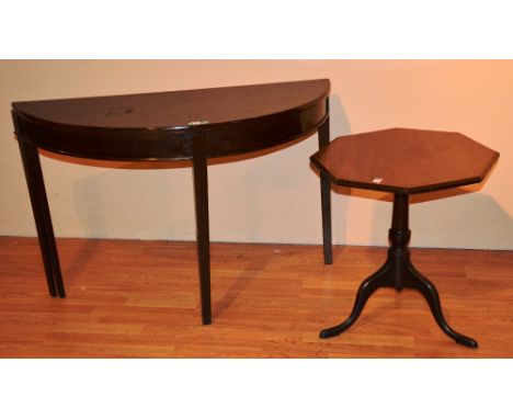 A 19th century mahogany octagonal tripod table, 58cm high x 55cm wide, together with a demi-lune side table (2)